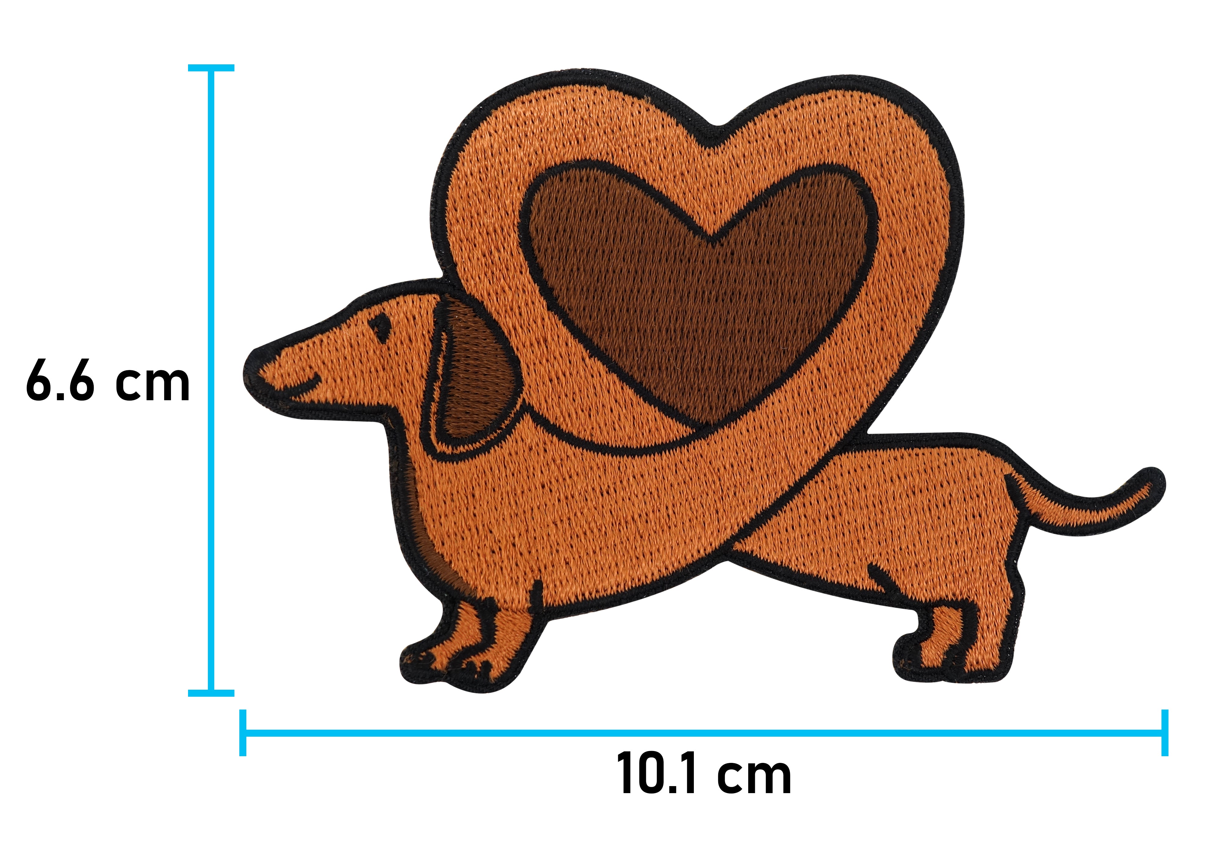 Dackel Herz Patch mit der Maße: 6,6 x 10,1 cm
