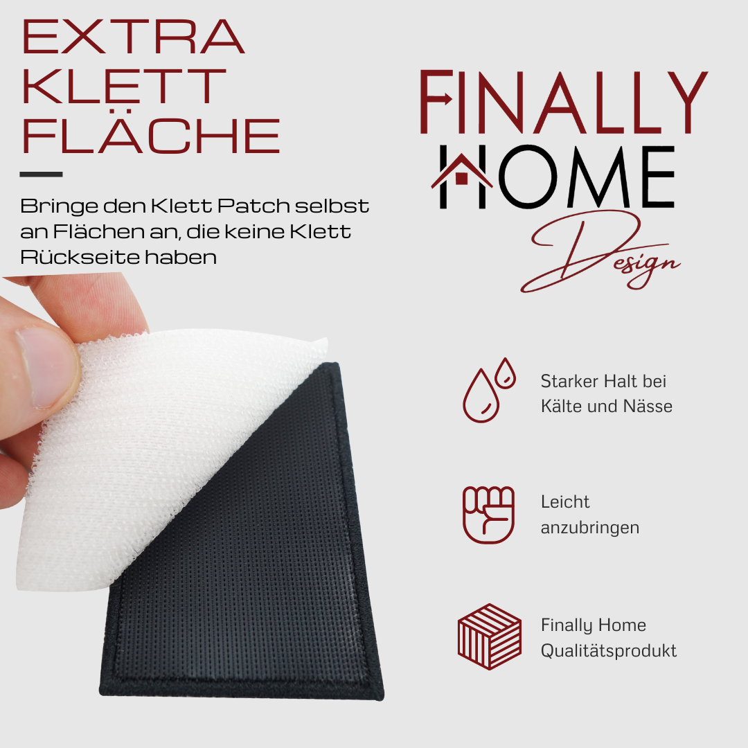Klett Rückseite des Patches mit extra Klettfläche. „Finally Home“ Logo und Nutzungsoptionen