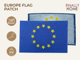 Vorder- und Rückseite des Patches, mit Bügelfolie. „Finally Home“ Logo und Nutzungsoptionen: Aufbügeln, Aufnähen, Aufkleben mit Textilkleber