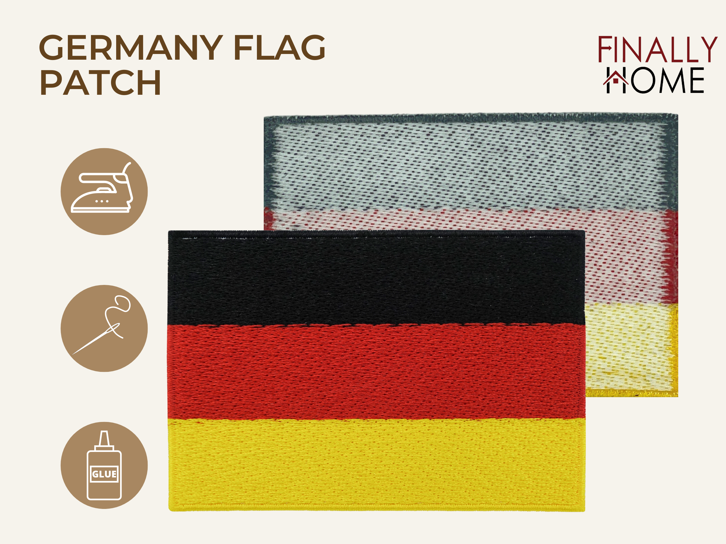 Vorder- und Rückseite des Patches, mit Bügelfolie. „Finally Home“ Logo und Nutzungsoptionen: Aufbügeln, Aufnähen, Aufkleben mit Textilkleber