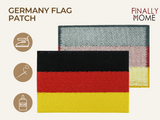 Vorder- und Rückseite des Patches, mit Bügelfolie. „Finally Home“ Logo und Nutzungsoptionen: Aufbügeln, Aufnähen, Aufkleben mit Textilkleber