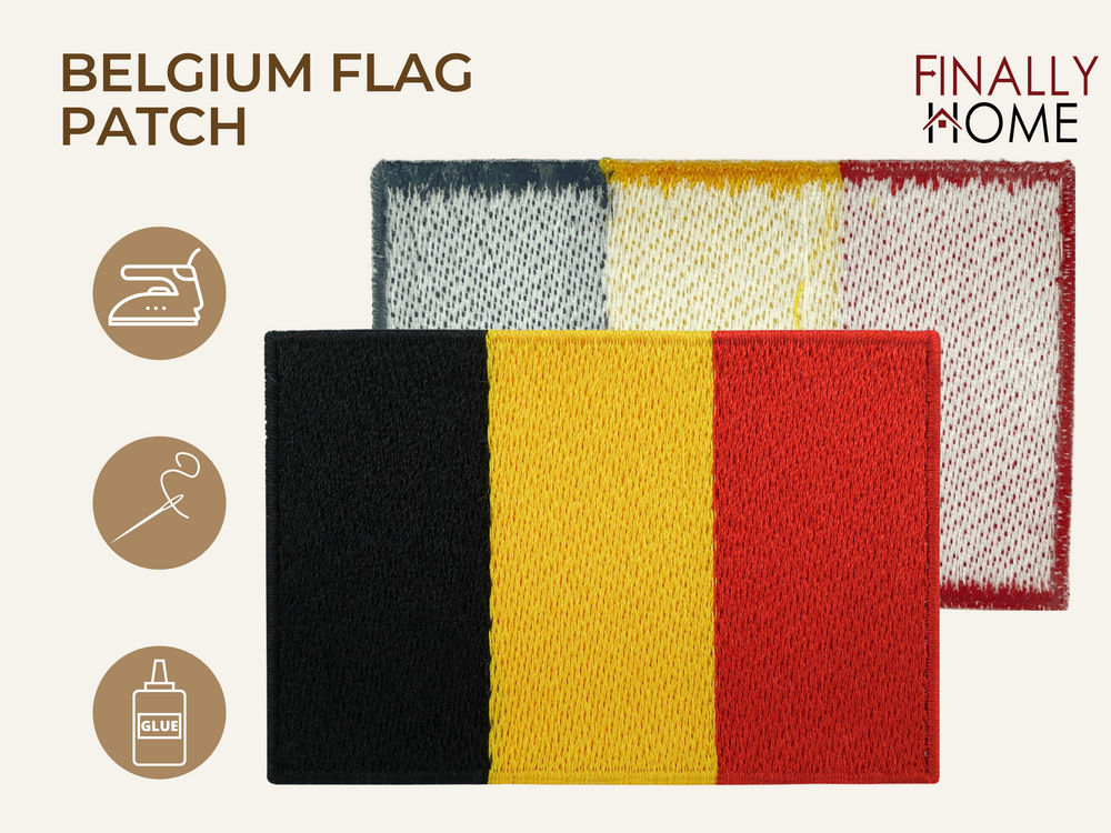 Vorder- und Rückseite des Patches, mit Bügelfolie. „Finally Home“ Logo und Nutzungsoptionen: Aufbügeln, Aufnähen, Aufkleben mit Textilkleber