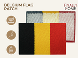 Vorder- und Rückseite des Patches, mit Bügelfolie. „Finally Home“ Logo und Nutzungsoptionen: Aufbügeln, Aufnähen, Aufkleben mit Textilkleber