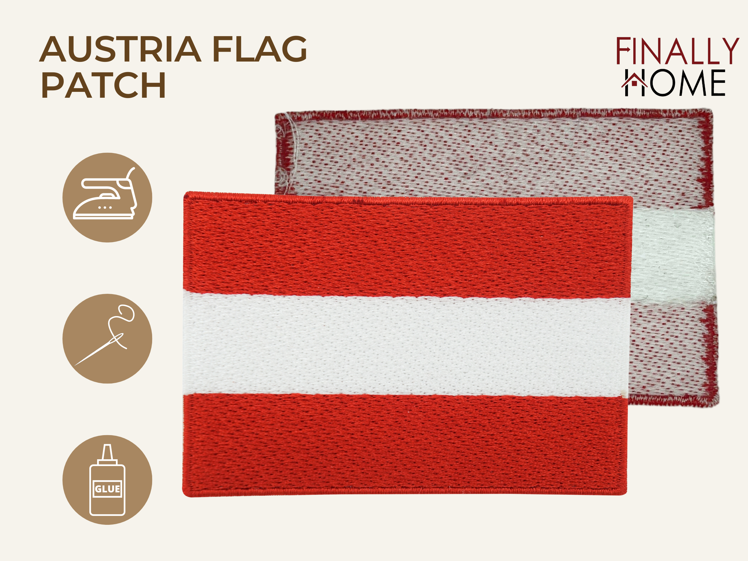 Österreich Flagge Patch mit Bügelfolie, Logo "Finally Home" und Anwendungsicons