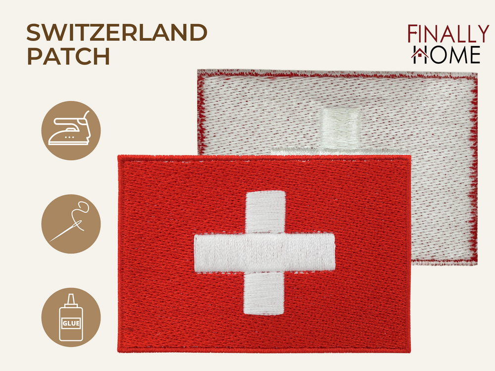 Schweiz Flagge Patch, Bügelfolie, Finally Home Logo, Icons für Bügeln, Nähen, Kleben