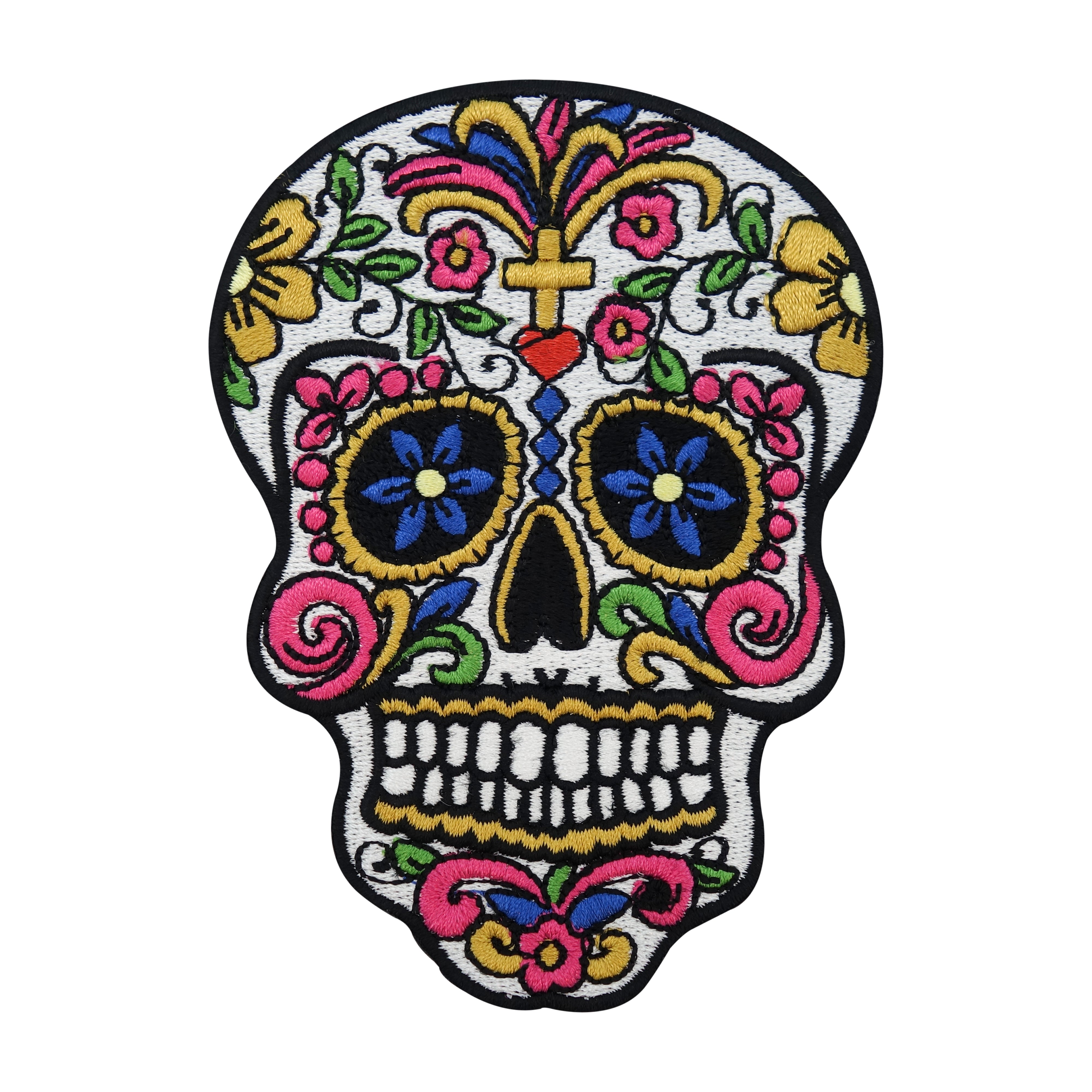 Bunt-Kopf-Schädel-Skelett-Knochen-Skull-Mexiko-Kreuz-Blume-Ranken-Gebiss-Flicken-Bügelflicken-Aufbügler-Bügelbild-Bügelpatch