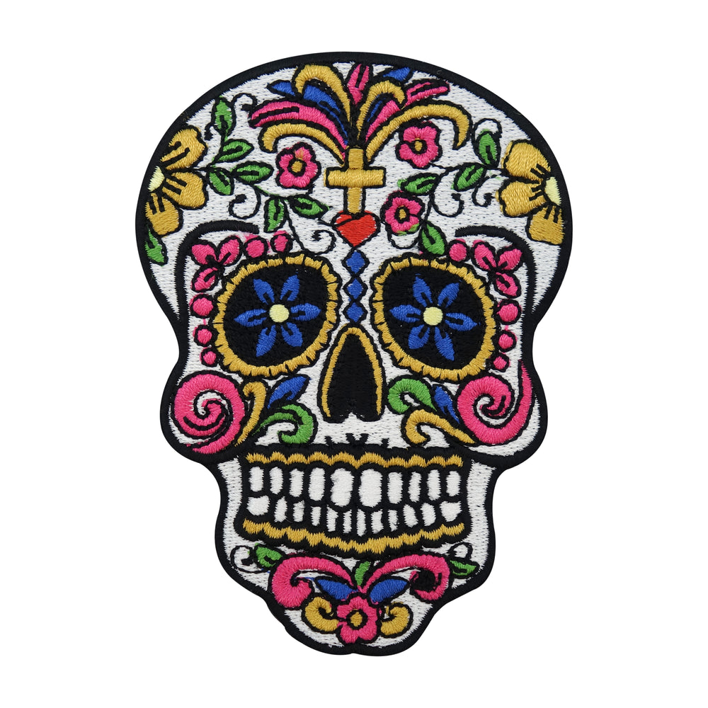 Bunt-Kopf-Schädel-Skelett-Knochen-Skull-Mexiko-Kreuz-Blume-Ranken-Gebiss-Flicken-Bügelflicken-Aufbügler-Bügelbild-Bügelpatch