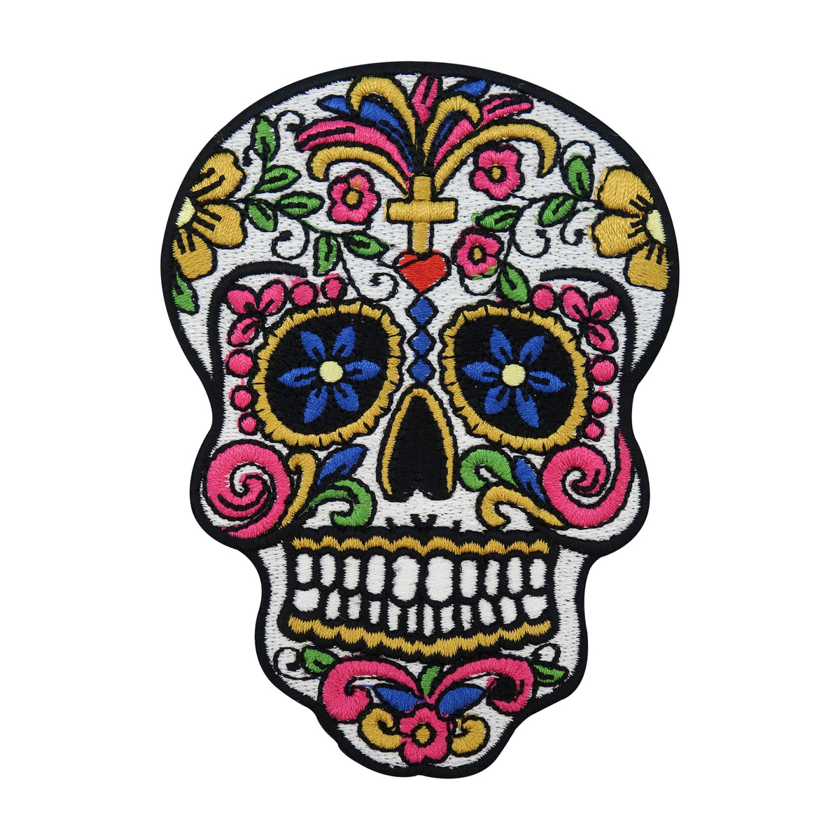 Bunt-Kopf-Schädel-Skelett-Knochen-Skull-Mexiko-Kreuz-Blume-Ranken-Gebiss-Flicken-Bügelflicken-Aufbügler-Bügelbild-Bügelpatch