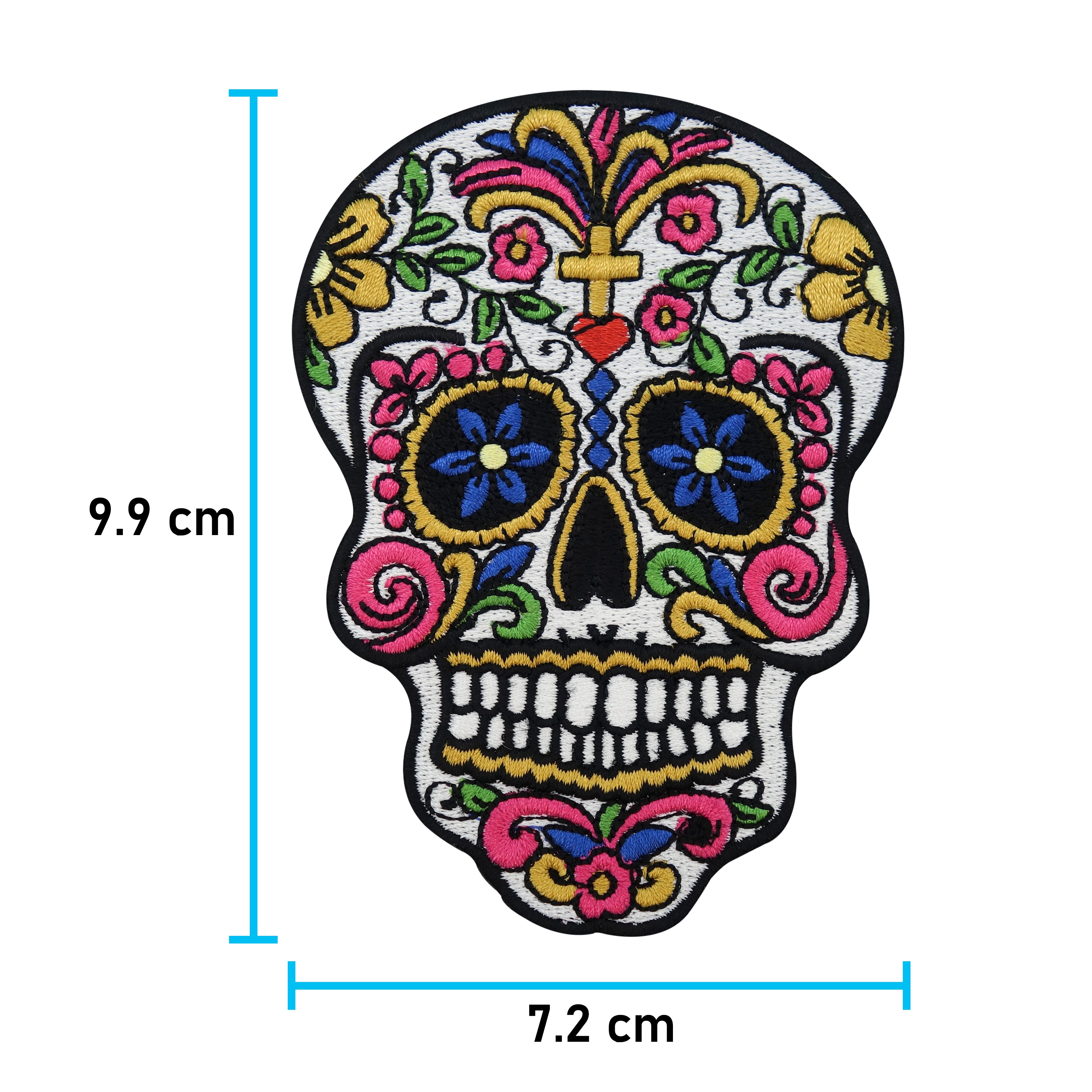 Bunt-Kopf-Schädel-Skelett-Knochen-Skull-Mexiko-Kreuz-Blume-Ranken-Gebiss-Flicken-Bügelflicken-Aufbügler-Bügelbild-Bügelpatch