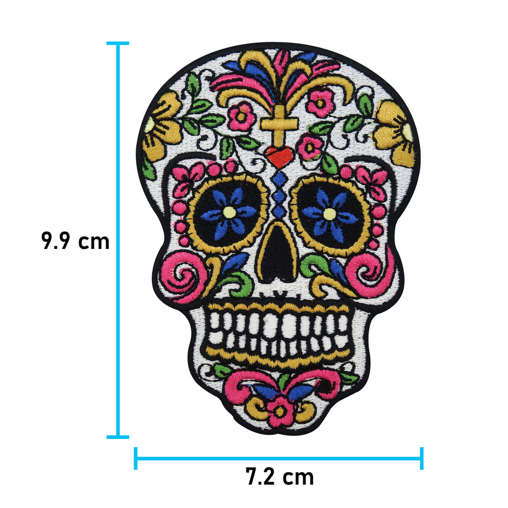 Bunt-Kopf-Schädel-Skelett-Knochen-Skull-Mexiko-Kreuz-Blume-Ranken-Gebiss-Flicken-Bügelflicken-Aufbügler-Bügelbild-Bügelpatch