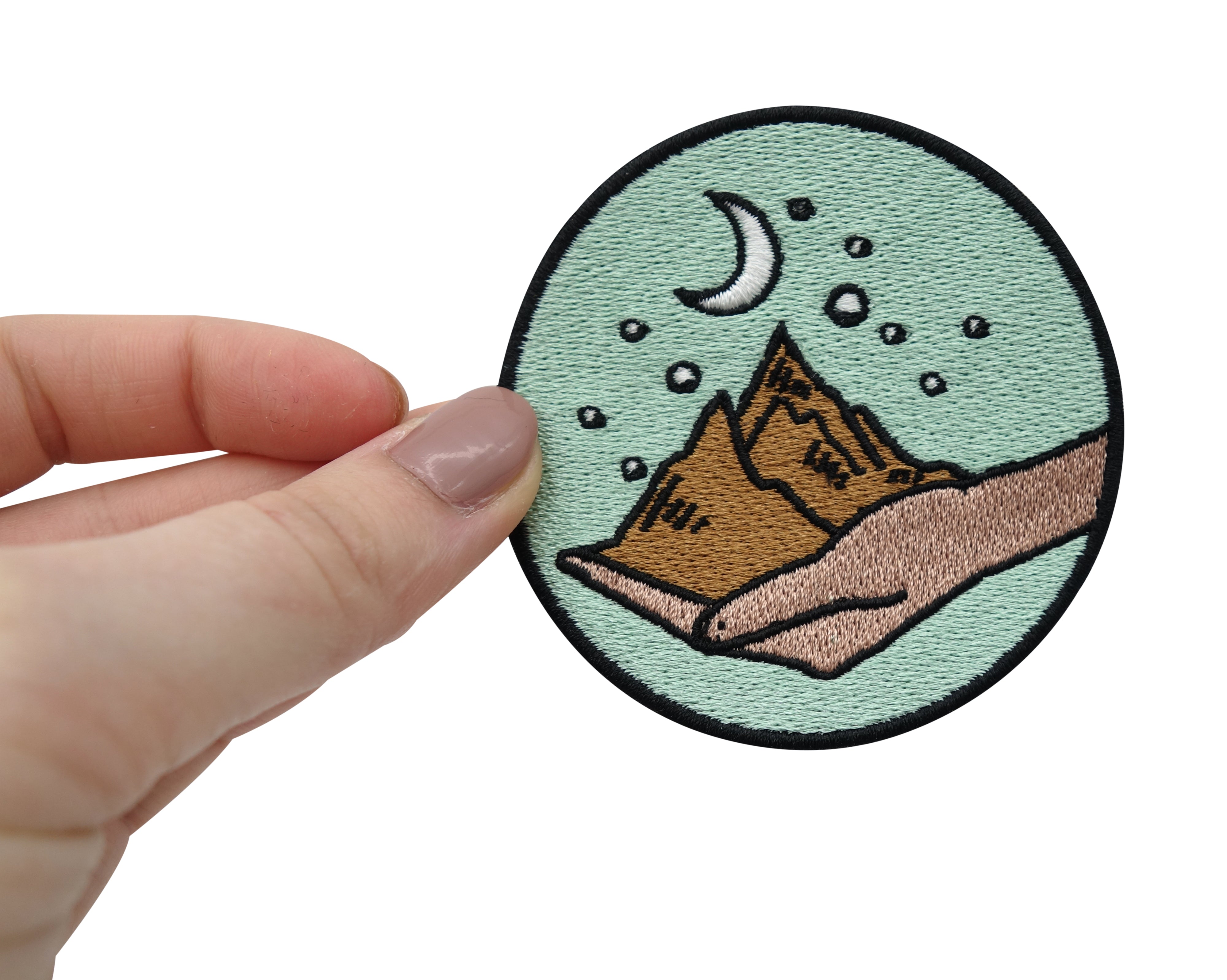 Mond-Sterne-Bergen-Bügelpatch-Bügelbild-Aufnäher-Hand-Finger