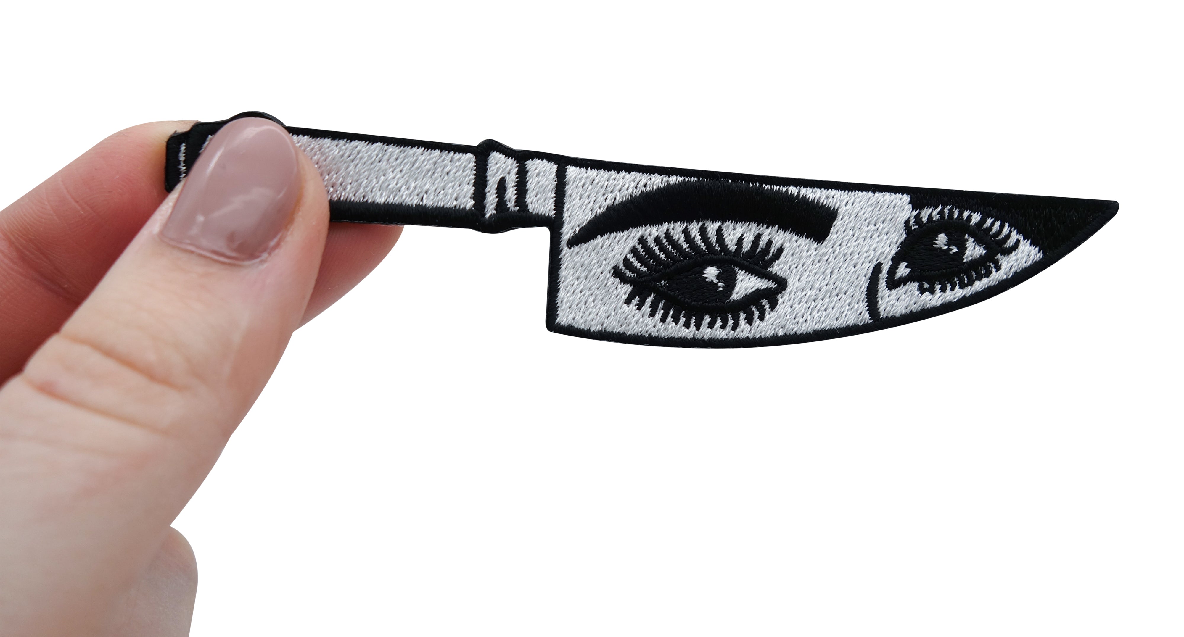 Messer-Knife-Augen-schwarz-weiß-Auge-Patch-Aufbügler-Bügelflicken-Hand