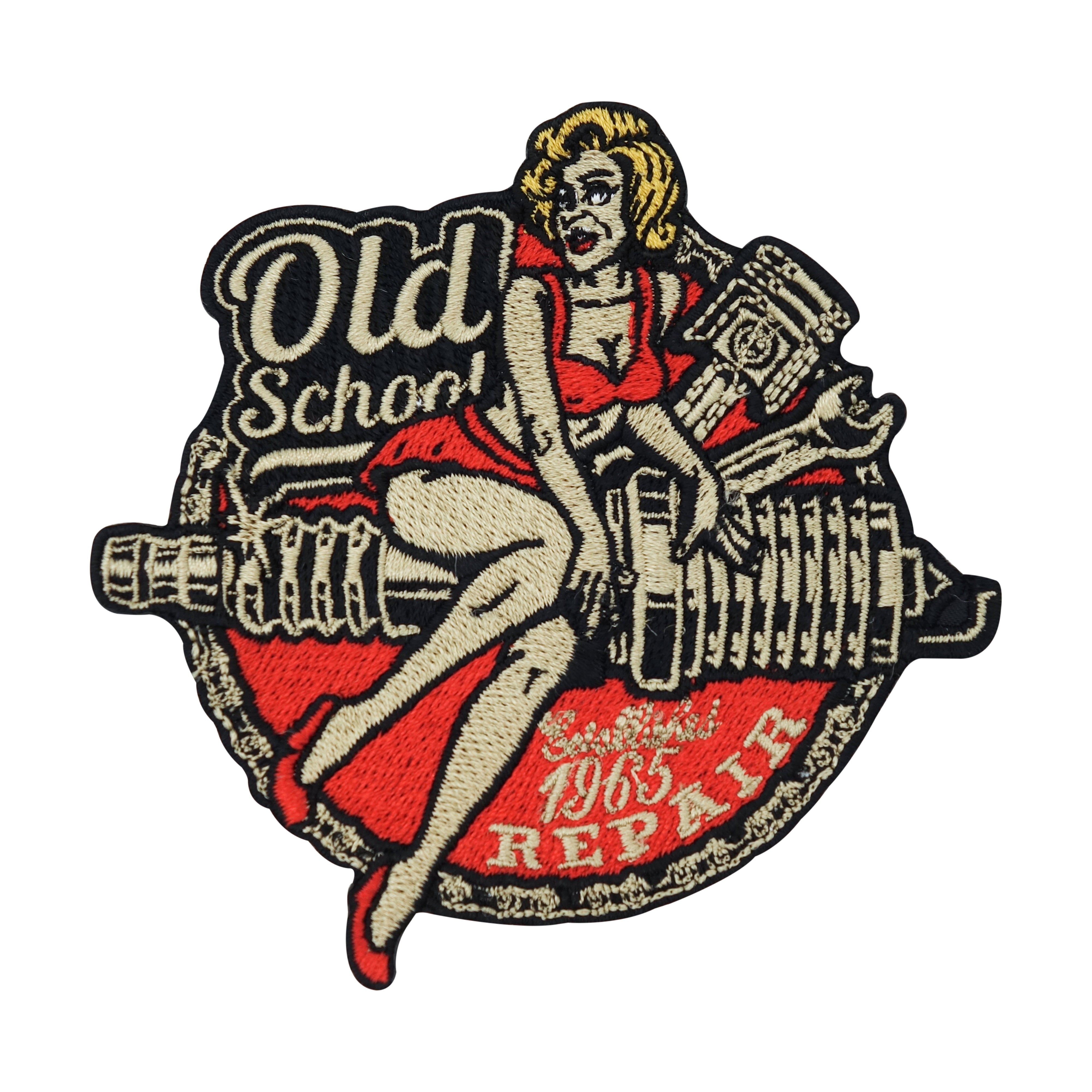 Old-School-Biker-Frau-auf-Motorrad-Schraube-Rückenaufnäher-Rückenpatch 