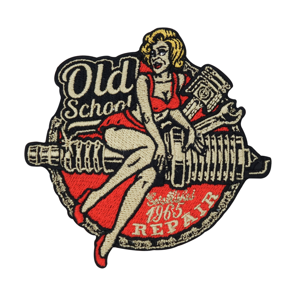 Old-School-Biker-Frau-auf-Motorrad-Schraube-Rückenaufnäher-Rückenpatch 