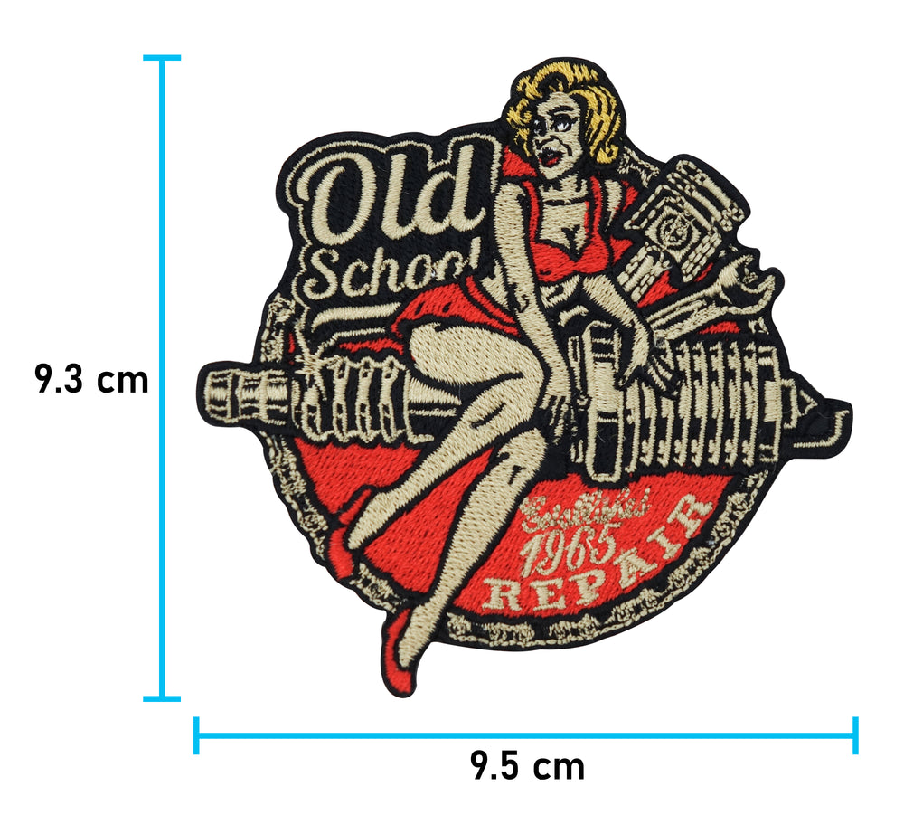 Old-School-Biker-Frau-auf-Motorrad-Schraube-Rückenaufnäher-Rückenpatch-Maße