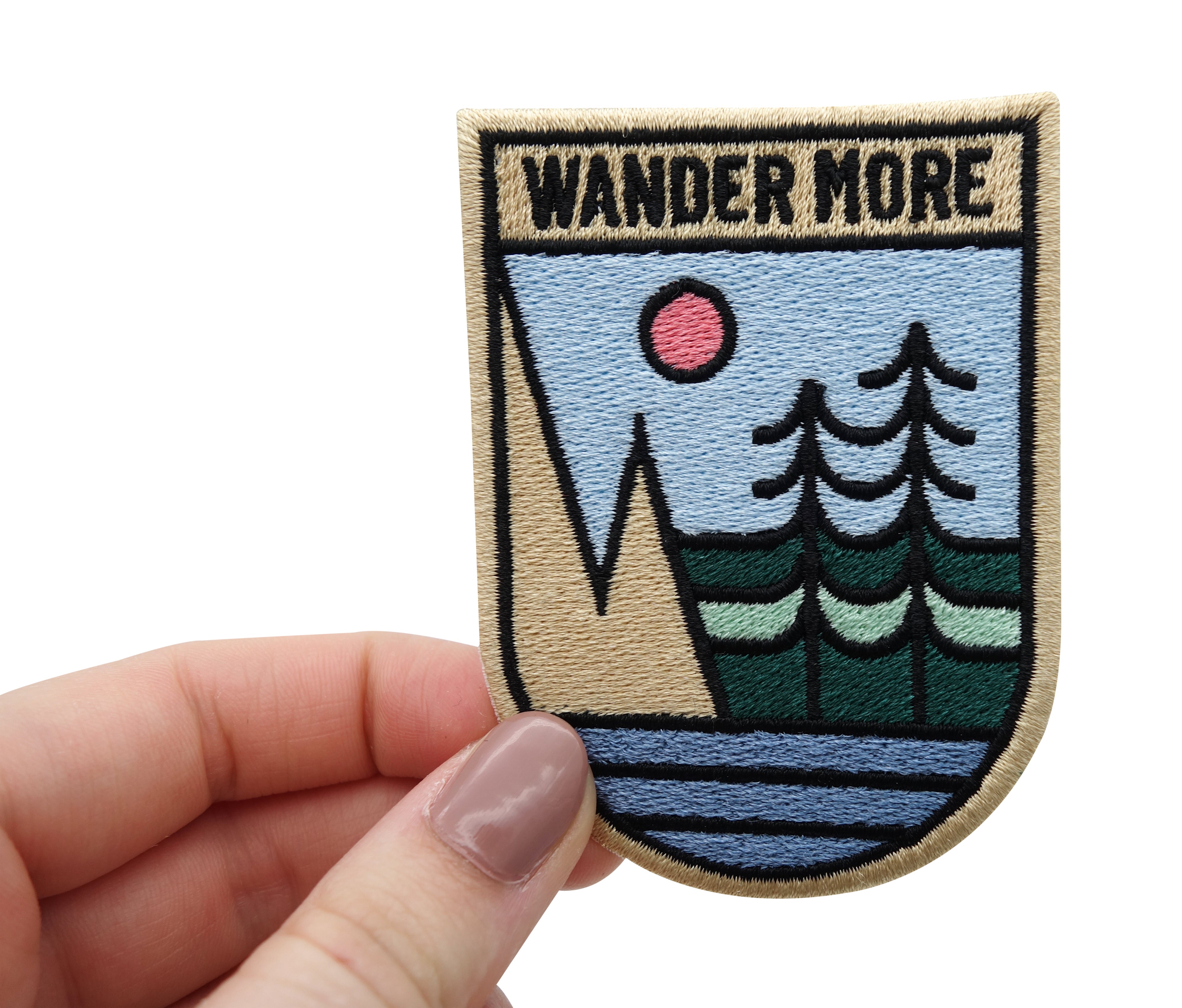 Wanderer-Camping-Sonne-Baum-Berge-Patch-Aufbügelflicken-zum Aufbügeln-Aufbügler-Hand