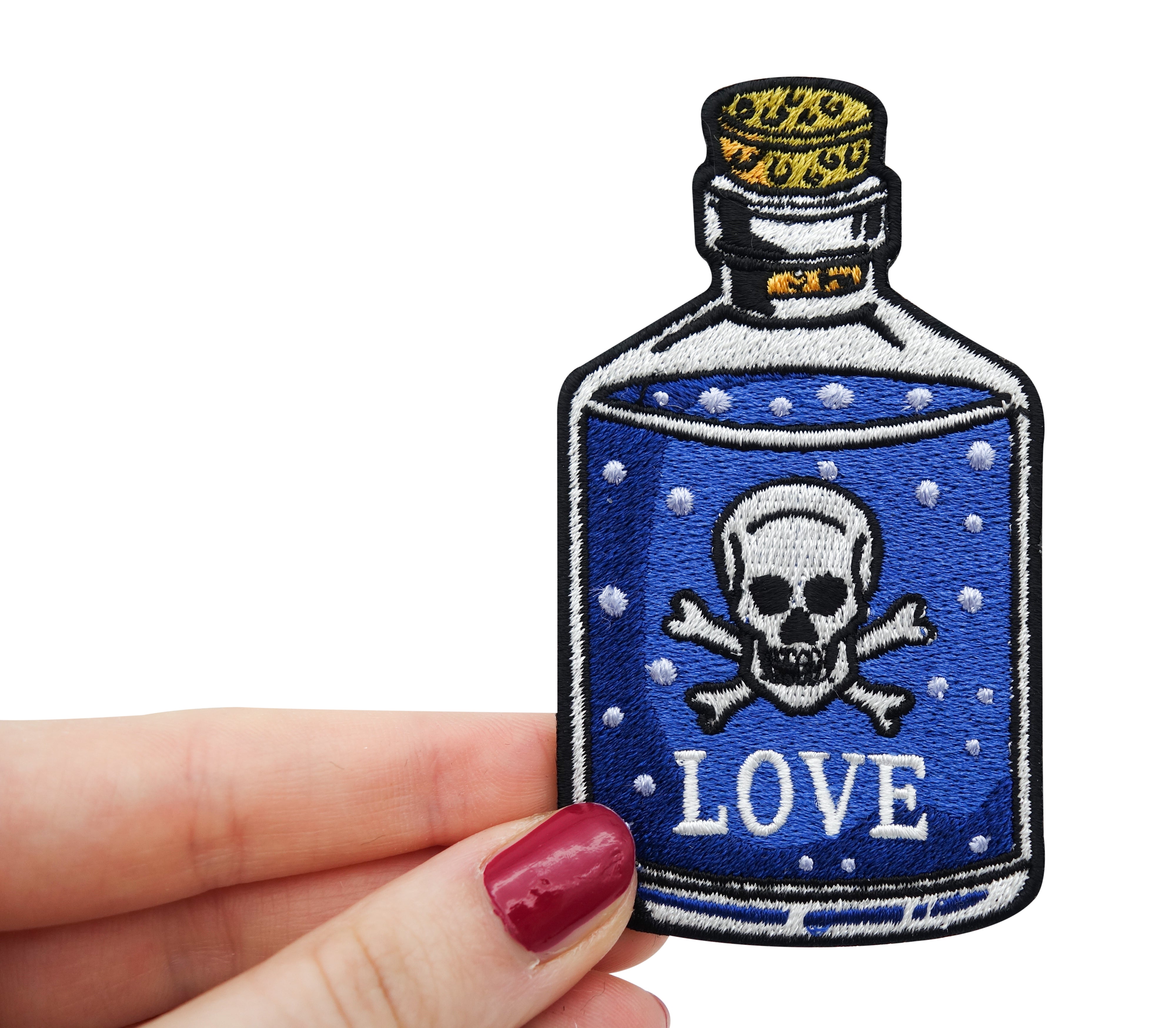 Love-Liebe-Flasche-Totenkopf-Gift-Kunst-Patch-zum-Aufbügeln-Hand