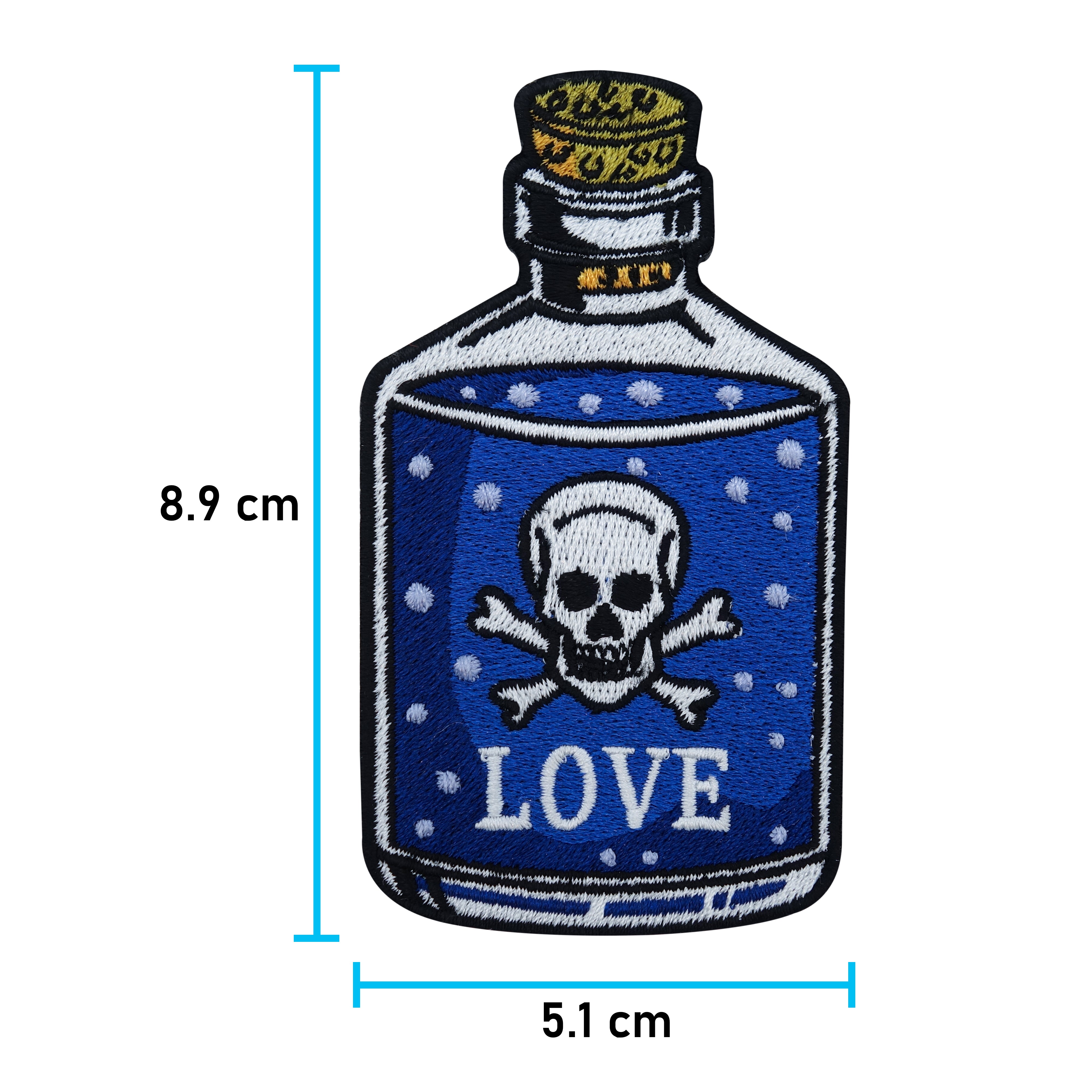 Love-Liebe-Flasche-Totenkopf-Gift-Kunst-Patch-zum-Aufbügeln-Maße-8,9x5,1