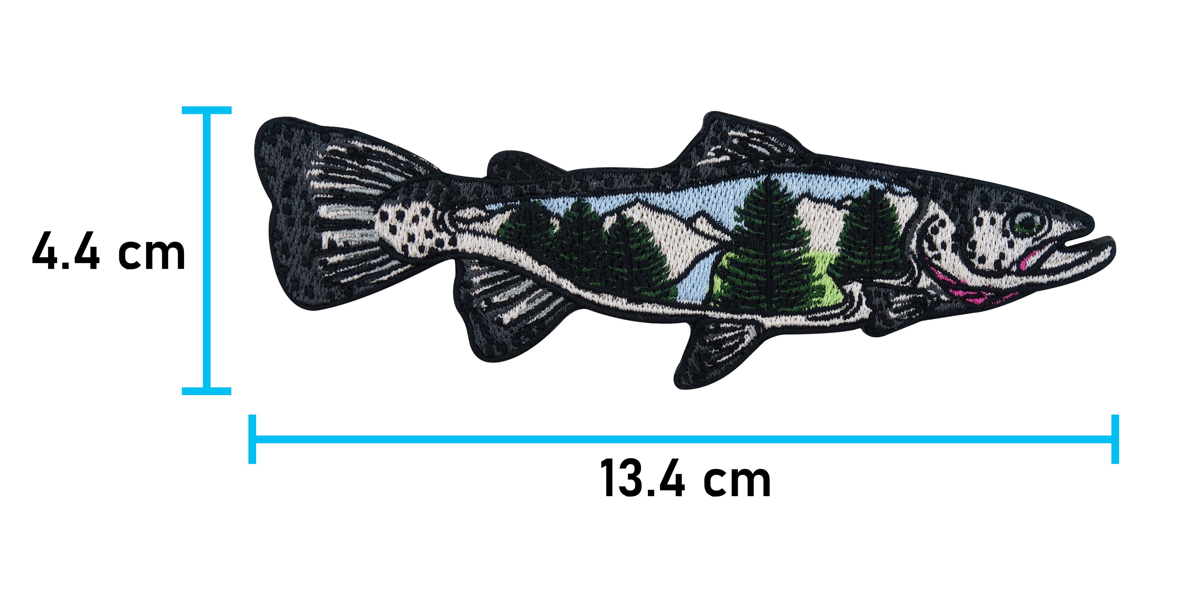 Fisch-Fische-Landschaft-Berge-Natur-Umwelt-Fluss-Baum-Patch-Aufbügler-Aufnäher-Maße-4,4x13,4