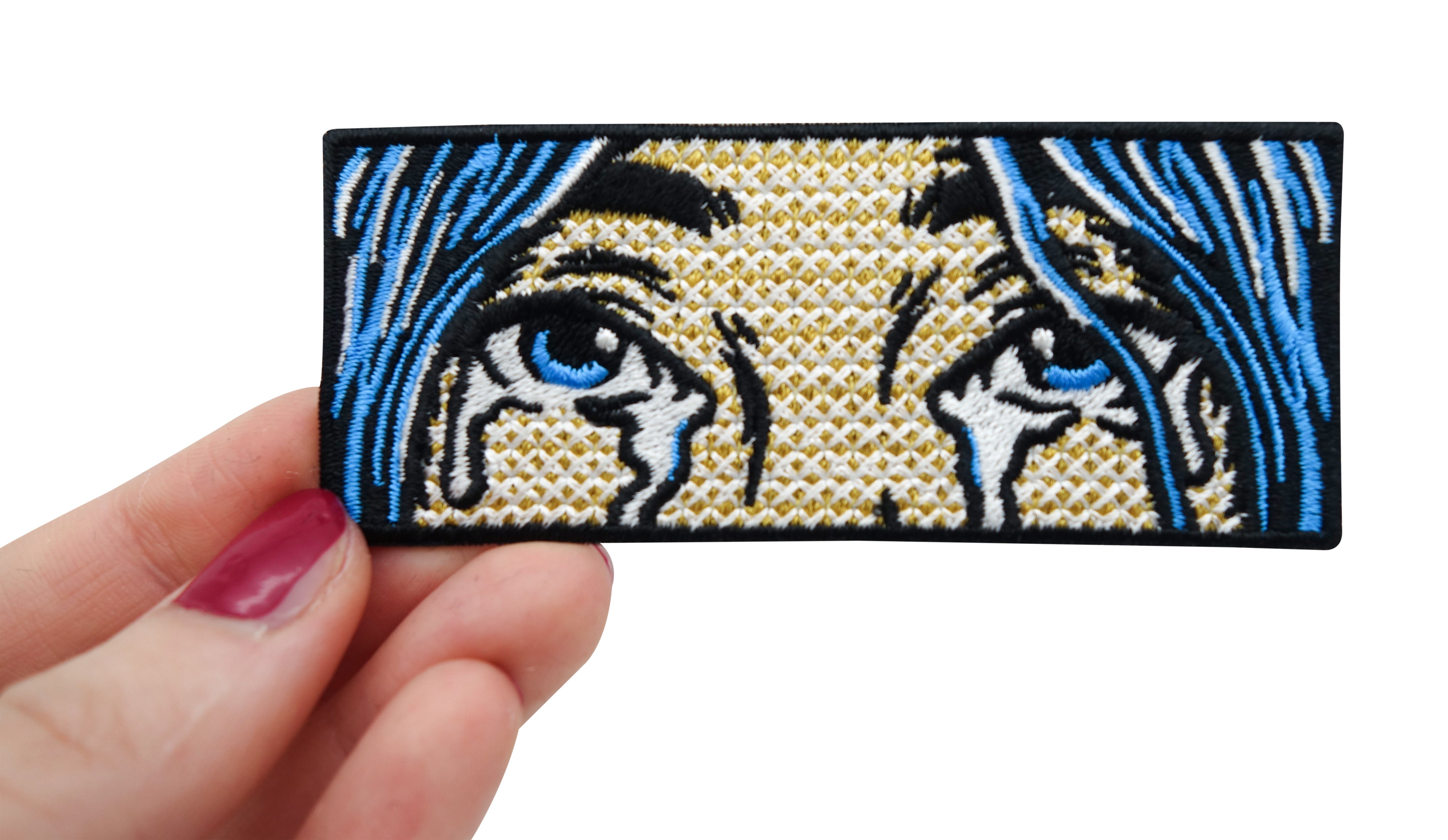 Weinende-Frau-mit-blauen-Haare-Billie-Eilish-Tränen-Patch-länglich-rechteck-Pop-Art-Aufbügler-Hand