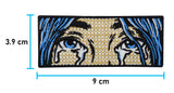 Weinende-Frau-mit-blauen-Haare-Billie-Eilish-Tränen-Patch-länglich-rechteck-Pop-Art-Aufbügler-Maße-3,9x9,0