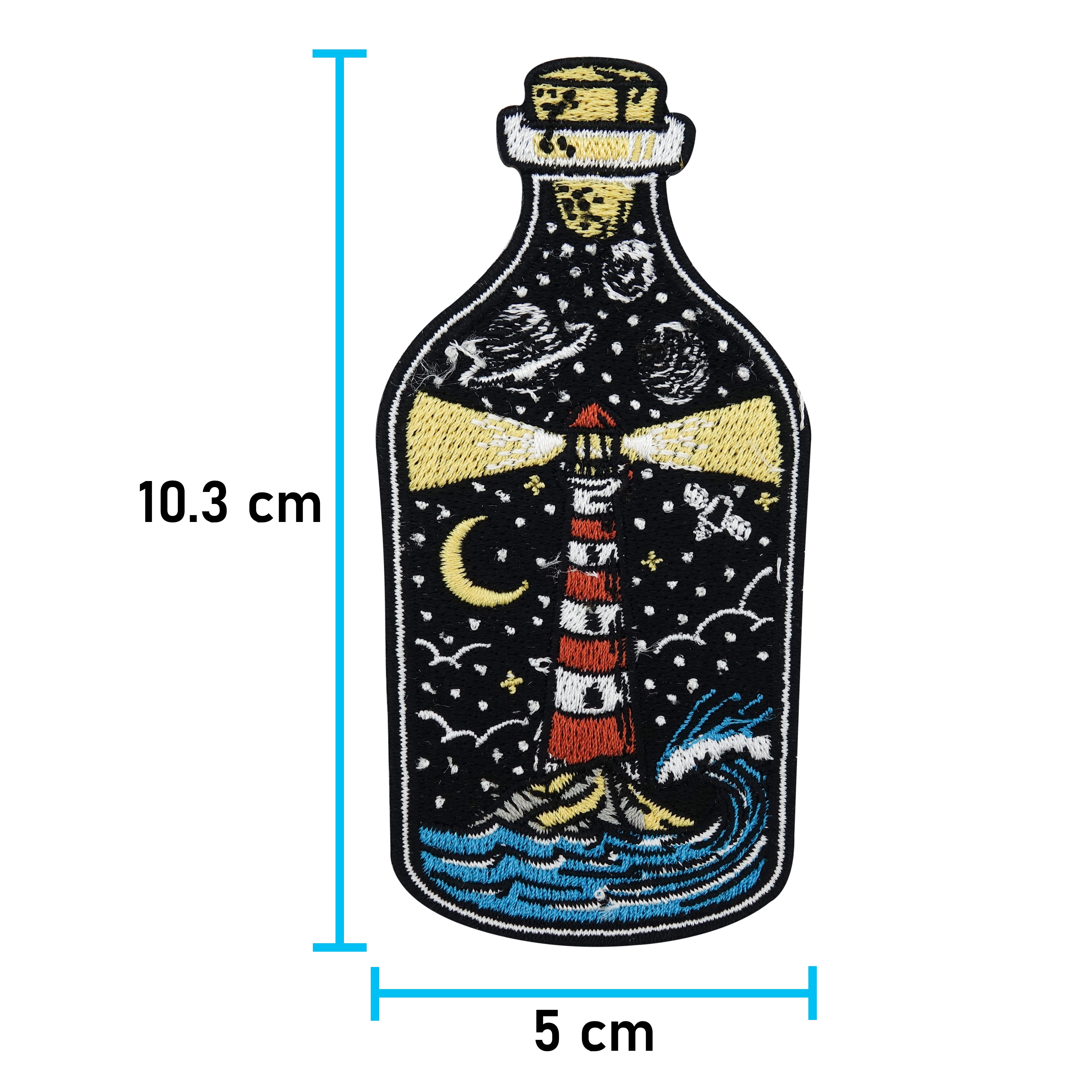 Leuchtturm in Flasche Patch zum Aufbügeln, Welle, Mond & Sterne Aufbügler